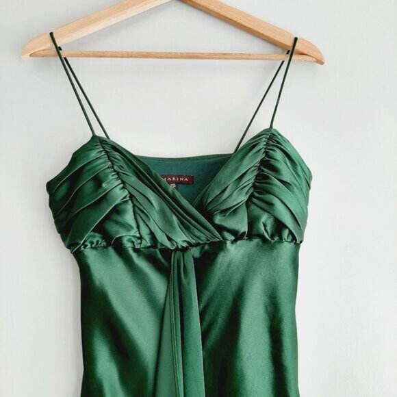 MARINA | Satin Empire Waist Front Drape Maxi Dress Green Sz 6 - Picture 3 of 16